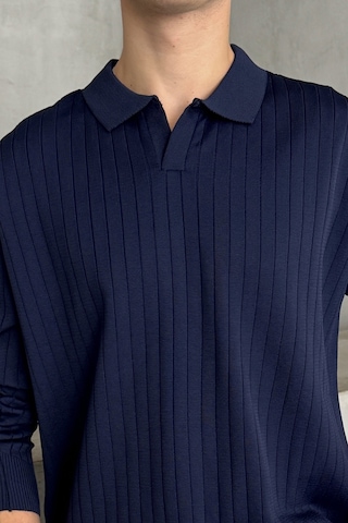 Erkek Polo Yaka Fitilli Oversize Triko Kazak Lacivert