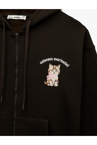 Koton Şardonlu Kapüşonlu Fermuarlı Arkası Kedi Baskılı Kanguru Cepli Oversize Sweatshirt Kahverengi 6wal10615ık Kahve