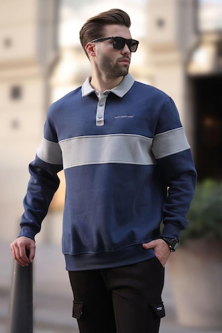 Madmext Lacivert Polo Yaka Renk Bloklu Erkek Sweatshirt 7072 Lacivert