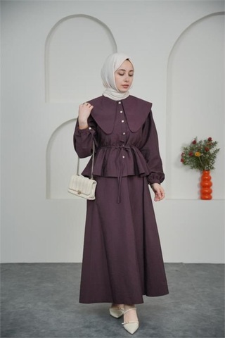 Neşeli Butik Kadın Bordo Pelerin Yaka Etekli Tesettür Takım Nbvq3134