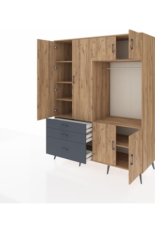 Kronos Gardrop 7 Raflı 3 Çekmeceli Tek Askılı 176x59x221 Çam-çam/antrasit Çam/antrasit