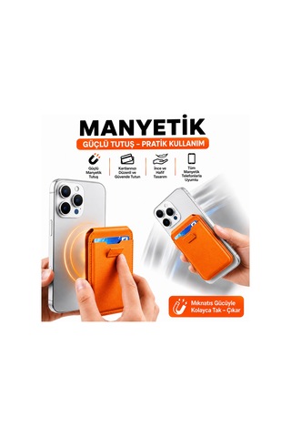 Magsafe Cüzdan Kartlık Güçlü Manyetik Standlı Telefon Kartlığı İphone Uyumlu Deri Cüzdan Turuncu-14915