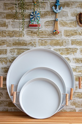 Kitchen Trend Ahşap Kulplu Metal Çay Kahve Sunum Tepsi Seti 3'lü