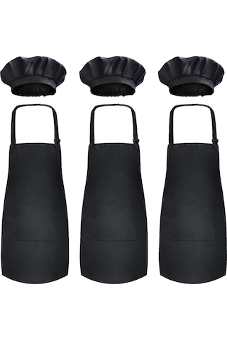 Şef Şapkalı Çocuk Önlüğü Seti 3 Set - Cilt Dostu Çocuk Bi Siyah, Diğer