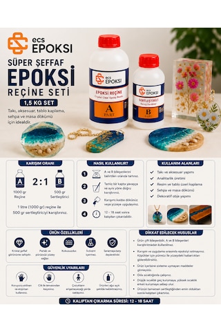 Süper Şeffaf Epoksi Reçine 1,5 Kg Kristal Şeffaf Döküm Reçinesi Takı Sehpa Hobi Epoksi Reçine Seti