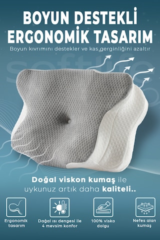 Nova Visco Yastık Ortopedik Boyun Destekli Memory Foam Ergonomik Yastık Gri Viskon Kılıf 62x42 Gri-beyaz