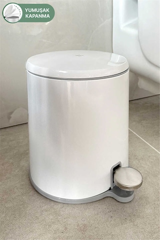 Cigo 6 Lt Yumuşak Kapanan Pedallı Banyo Mutfak Ofis Çelik Çöp Kovası - Beyaz & İç Kısım Gri-7311