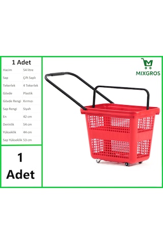 Tekerlekli Plastik Market Alışveriş El Sepeti 54 Litre Kırmızı 1 Adet