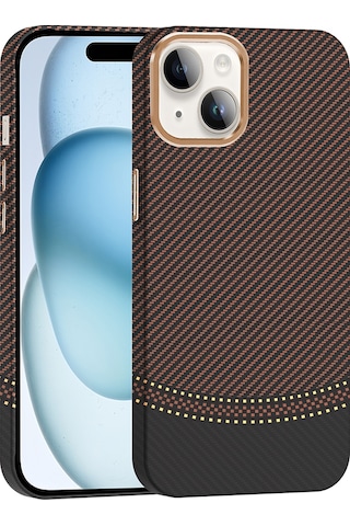 Apple Uyumlu iPhone 13 Kılıf M-safe Şarj Özellikli Karbon Fiber Görünümlü Zore Gros Kapak Gold-Siyah