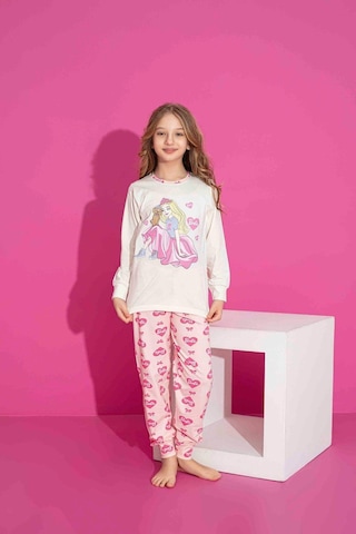Kız Çocuk Desenli Uzun Kollu Pijama Takımı-445 KREM Krem