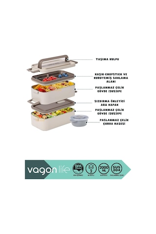 Lexroo Vagonlife Bento 2000ml Lunchbox 2 Katlı 3 Bölmeli Mini Kaseli Çelik Sefer Tası Yemek Kutusu Çok Renkli