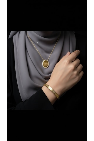 Taşlı Oval Kolye Ve Ayetel Kürsi Bileklik Seti Gold Çelik Takı Altın