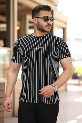 Erkek Dikey Çizgili Ottoman Kumaş Kısa Kollu T-shirt Siyah