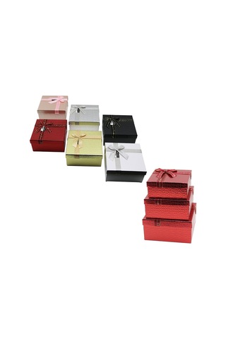 3pcs Kare Parlak Mix Renkli - Kabartma Desen Karton Hediye Kutusu Kurdelalı 19-17-15cm Diğer