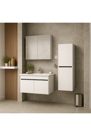 Arista 80 Cm Beyaz Mdf, Seramik Lavabolu, Alt - Üst Ve Boy Dolap Beyaz