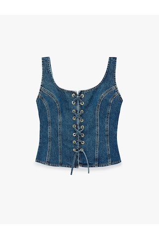 Koton Bağcık Detaylı Slim Fit Pamuklu U Yaka Kolsuz Denim Korse Bluz Koyu İndigo 7wal30010md Dark Indigo