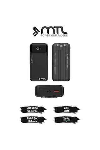 20000 Mah 22.5w Turbo Şarj Dahili Kablolu Dijital Led Göstergeli Pd Ve Qc 3.0 Powerbank Mt4320 Siyah