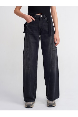 Dilvin Önü Parçalı Denim Kargo Pantolon Siyah
