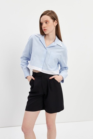 Stella Pulvis Mavi Garnili Tek Cep Crop Oxford Gömlek Mavi