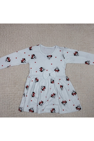 Momikon Kız Çocuk Minnie Mouse Baskılı Kısa Kollu Pamuklu Beyaz Elbise Beyaz