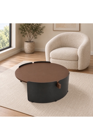 Orbit Yuvarlak Orta Sehpa Çap 90cm Mat Ceviz Ve Mat Siyah Metal Ayak 35cm Modern Tasarım Dekoratif Ceviz - Siyah