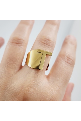 Çelik Gold Düz Kesim Harf Yüzük -t Harfi- Ayarlı Ölçü-1899 Altın