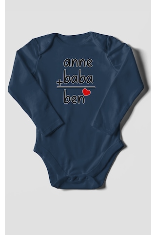 Anne Baba Ve Ben Baskılı Bebek Zıbını Çıtçıtlı Body %100 Pamuk Uzun Kol Lacivert