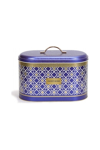 Turkish Blue Bread Box Desenli Oval Metal Ekmek Kutusu, 10.4 Lt Mavi