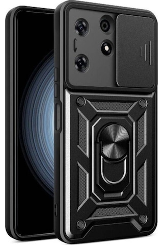Tecno Spark 10 Pro Kılıf Magnetik Standlı Kamera Korumalı Zore Sürgülü Vega Kapak Siyah