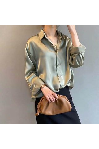 Kadın Günlük Düz Renk Düğmeli Gömlek Retro Uzun Kollu Asılı Üst Beyaz