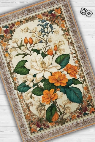 Homshtag Art Deco Yasemin Çiçeği Vintage Halı Görünümlü Dijital Baskı Renkli Halı,rustik Çiçek Halı Çok Renkli