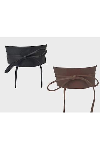 Çantachım Geniş Bağcıklı Kadın Kemeri Seti Kahverengi - Siyah