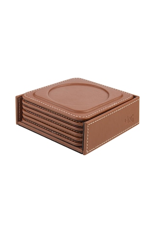 Bardak Altlığı,6 Lı Set,masaüstü Yuvarlak Cup Coaster,vegan Suni Deri,11x11 Cm.,taba Taba
