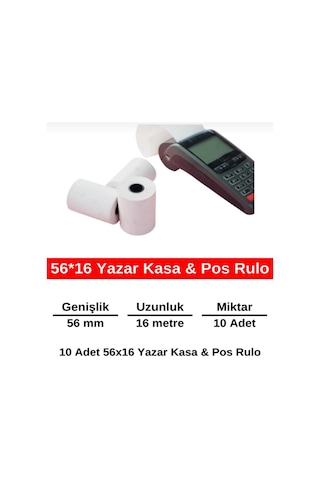 Termal Pos Yazar Kasa Rulosu, Pos Kağıdı, Beyaz, 56 Mm X 16 Metre 5 Paket - 50 Adet