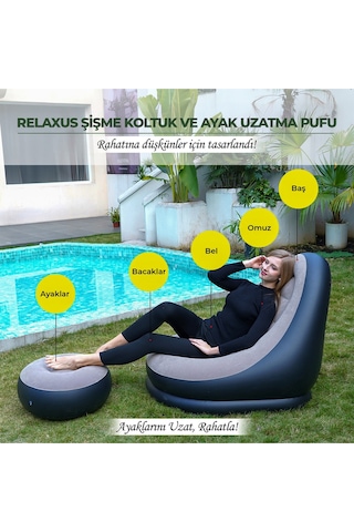 Şişme Koltuk Ve Ayak Uzatma Pufu Ev, Kamp, Ofis Kullanımı İçin, Pompa Hediyeli, Taşınabilir Bej - Siyah