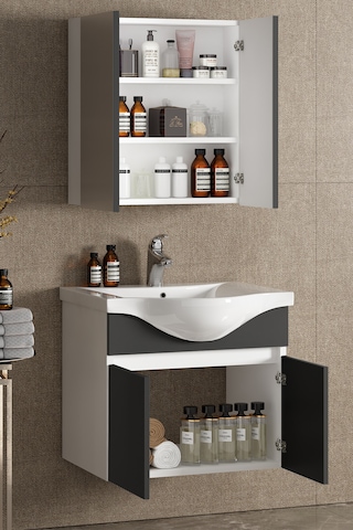 Yıldız 55 Cm Beyaz-antrasit Gri Mdf Asma Banyo Dolabı Takımı Beyaz - Antrasit