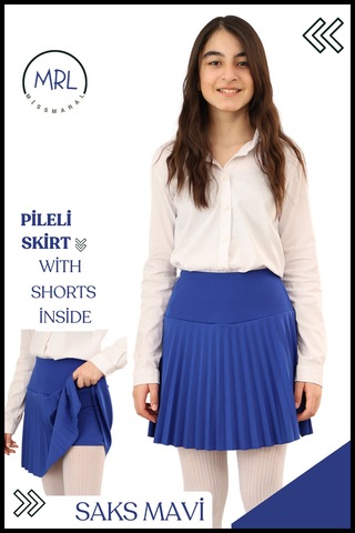 Kız Çocuk Mavi Pileli Etek Yüksek Bel Içi Şortlu Dalgıç Kumaş Okul-oyun-spor- Etkinlik 4103 Mavi