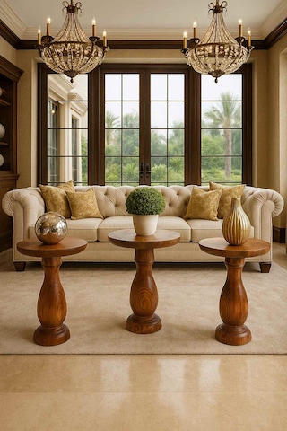 3 Lü Ahşap Mantar Sehpa Seti Meşe Renk Doğal Zigon Ve Fiskos Meşe