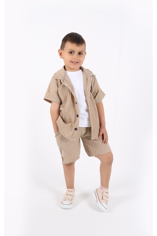 Aden Kids Erkek Çocuk Gömlek+sweatshirt Ve Cepli Şort Alt Üst Takım Bej