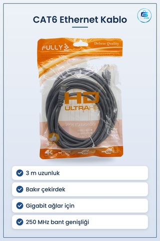 Network Kablosu Cat6 Ethernet 3 M Bakır Çekirdek Pvc Kılıf Gigabi