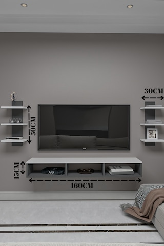 Dekoratif Raflı Tv Ünitesi,beyaz-atlantik Çam,portatif Minifix Kurulum Beyaz - Antrasit