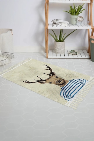 Banyo Halısı Dijital Baskılı Banyo Paspası 50x80 Polyester Kaymaz Tabanlı Duş Paspası Deer Beyaz