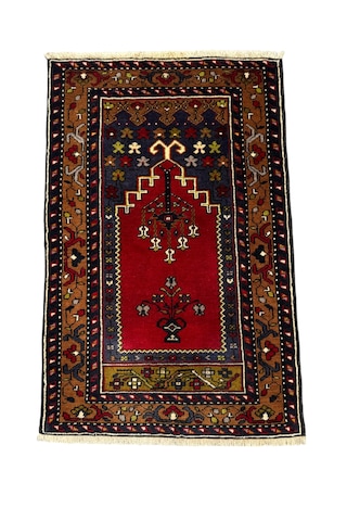 El Dokuması Sıfır Küçük Yahyalı Halısı Seccade 75x110 Kök Boya %100 Yün Namazlık Kırmızı