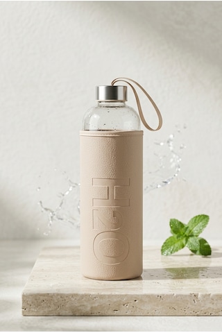 H2o Sağlıklı Cam Matara 1000 Ml Su Şişesi, Deri Kılıflı 1 Lt Sporcu Suluğu Bej