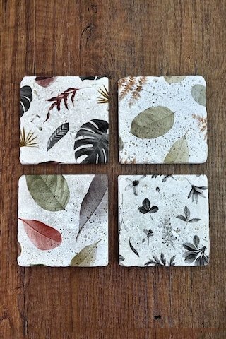 Bardak Altlığı Yaprak Desenler Baskılı Doğal Taş 4'lü Set 10x10x1 Cm Çok Renkli