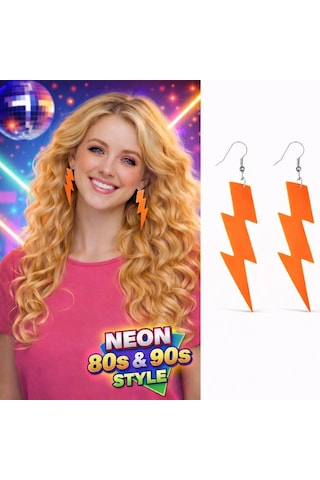 80 Ler 9039lar Retro Neon Turuncu Şimşek Küpe 10 Cm "