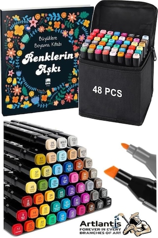 48 Adet Çift Taraflı Marker Kalem Çantalı 1 Paket 48 Renk Touch Markör Renklerin Aşkı Mandala Büyüklere Boyama Kitabı Çok Renkli