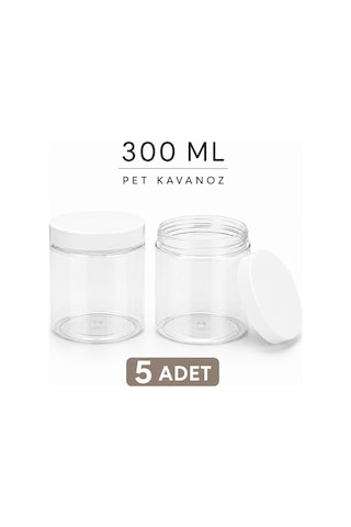300 Ml - Şeffaf Pet Plastik Kavanoz - Beyaz Kapak - 5 Adet