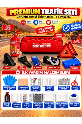 Araç Muayene Uyumlu 22 Parça Acil Durum Ve Profesyonel Trafik Seti ''ab Onaylı Ve Ce Belgeli'' Kırmızı
