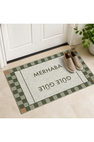 Kartela Halı Merhaba Güle Güle Damalı Kapı Paspası Adaçayı Yeşili Kaymaz Kauçuk Taban 50x75 Cm